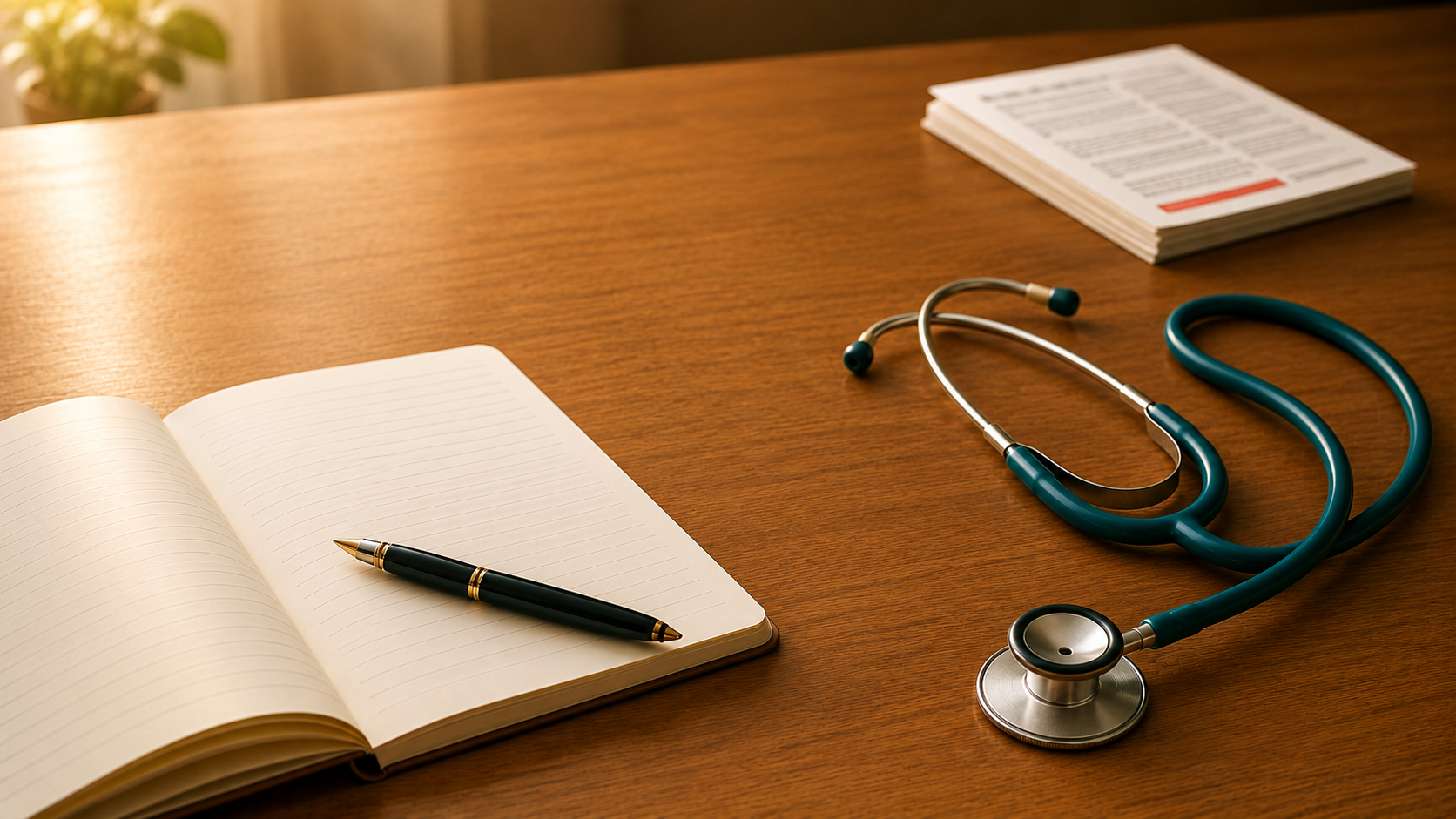 A nurse's desk with an open notebook, fountain pen, printed papers, and a teal stethoscope